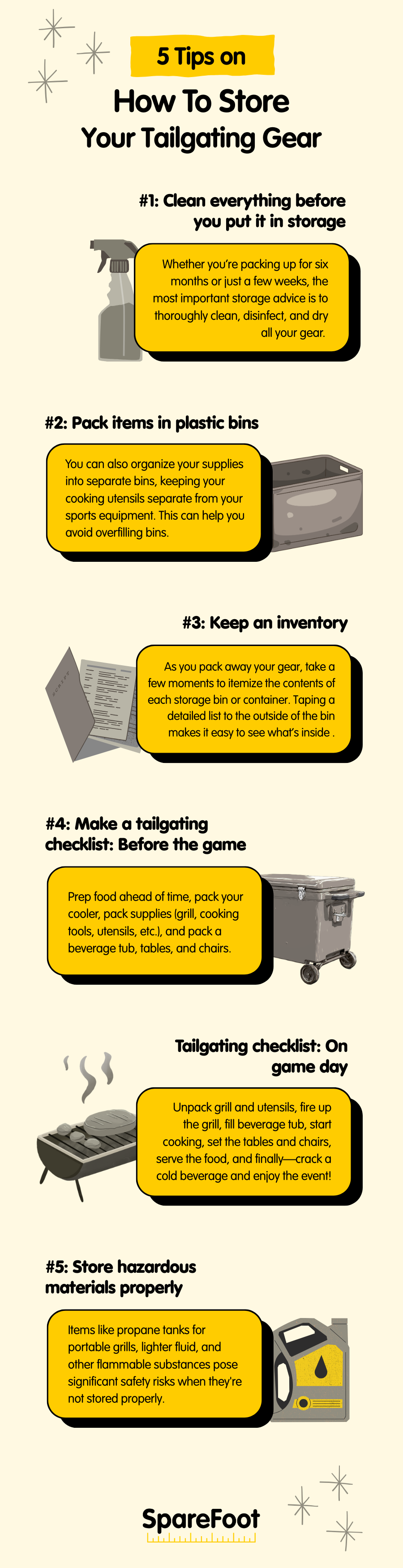 graphics with 5 tips on tailgating storage ideas