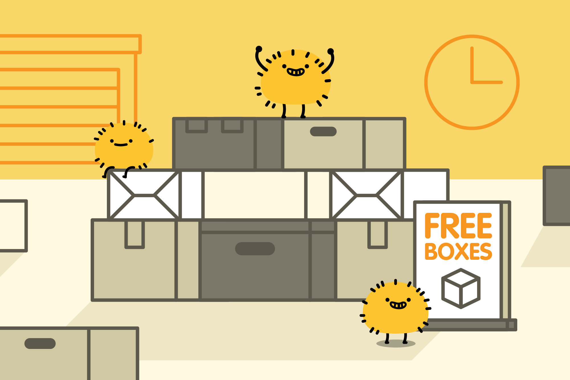 cartoon characters around illustrated moving boxes