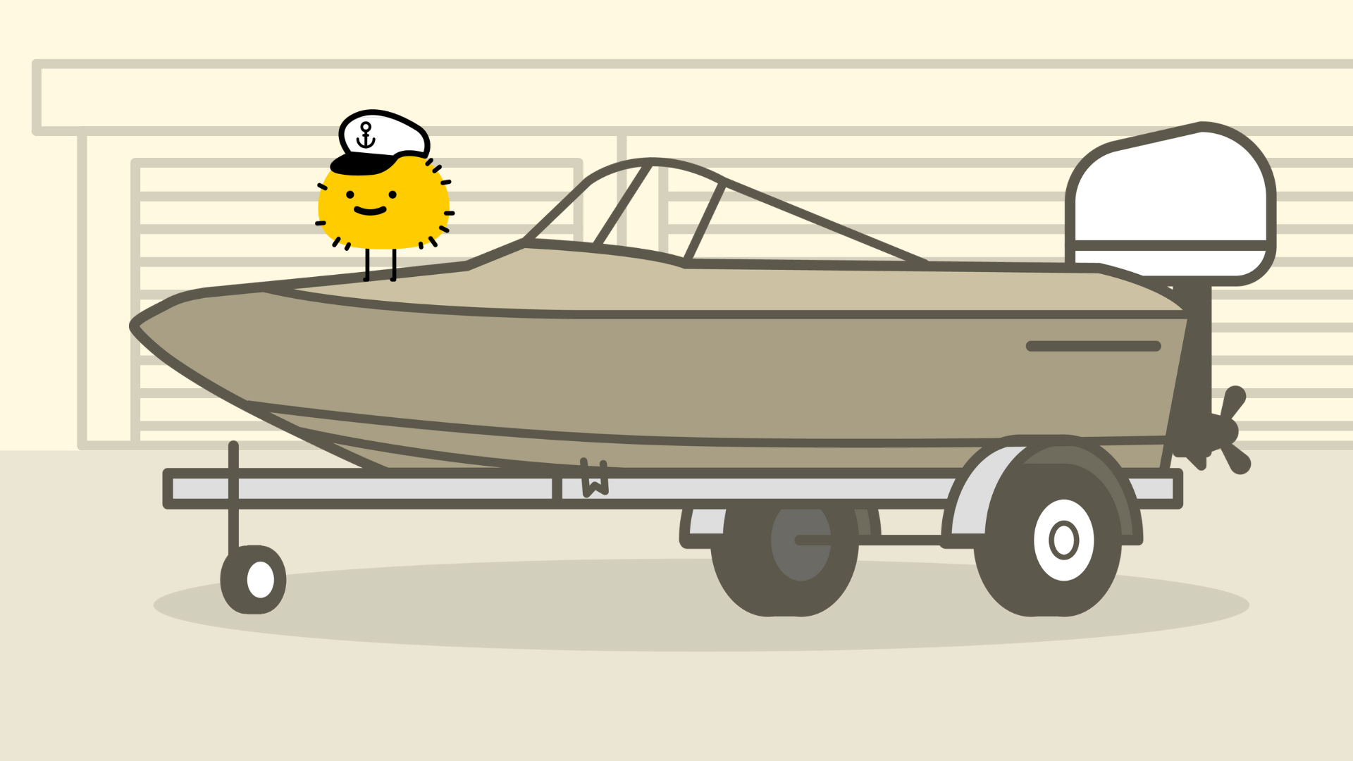cartoon character on a boat in front of storage units