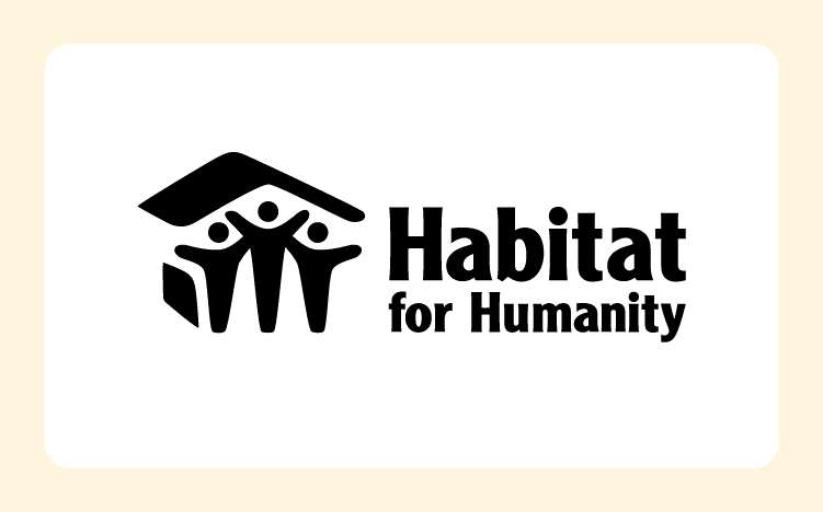 Habitat for Humanity logo, featuring a green house with three blue figures raising their arms inside.