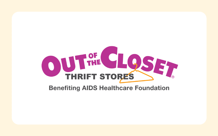 Out of the Closet Thrift Stores logo featuring purple main text with an orange hanger, hanging from the O of “closet.