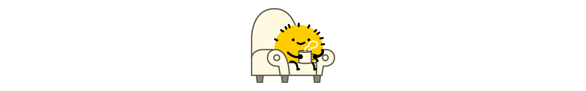 A minimalist illustration of a small yellow mascot sitting comfortably in a white armchair and holding a steaming mug, representing the relaxation found after discovering how to get rid of furniture and decluttering a home.