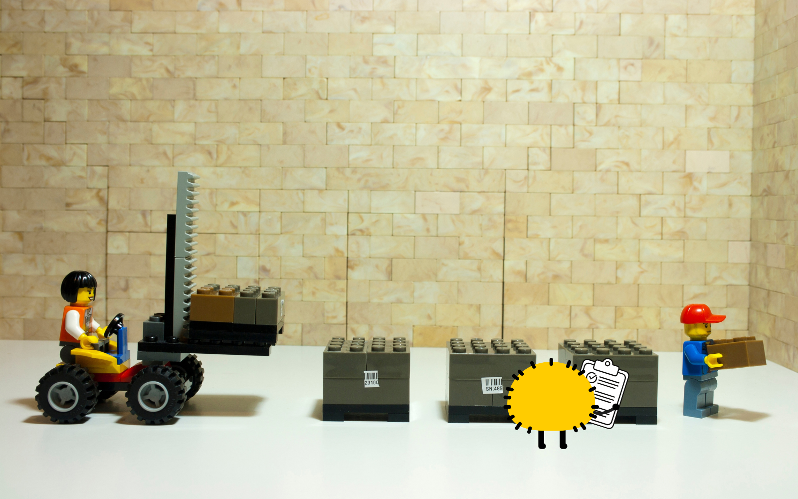 LEGO figurines and a cartoon character in a factory setting with a LEGO forklift