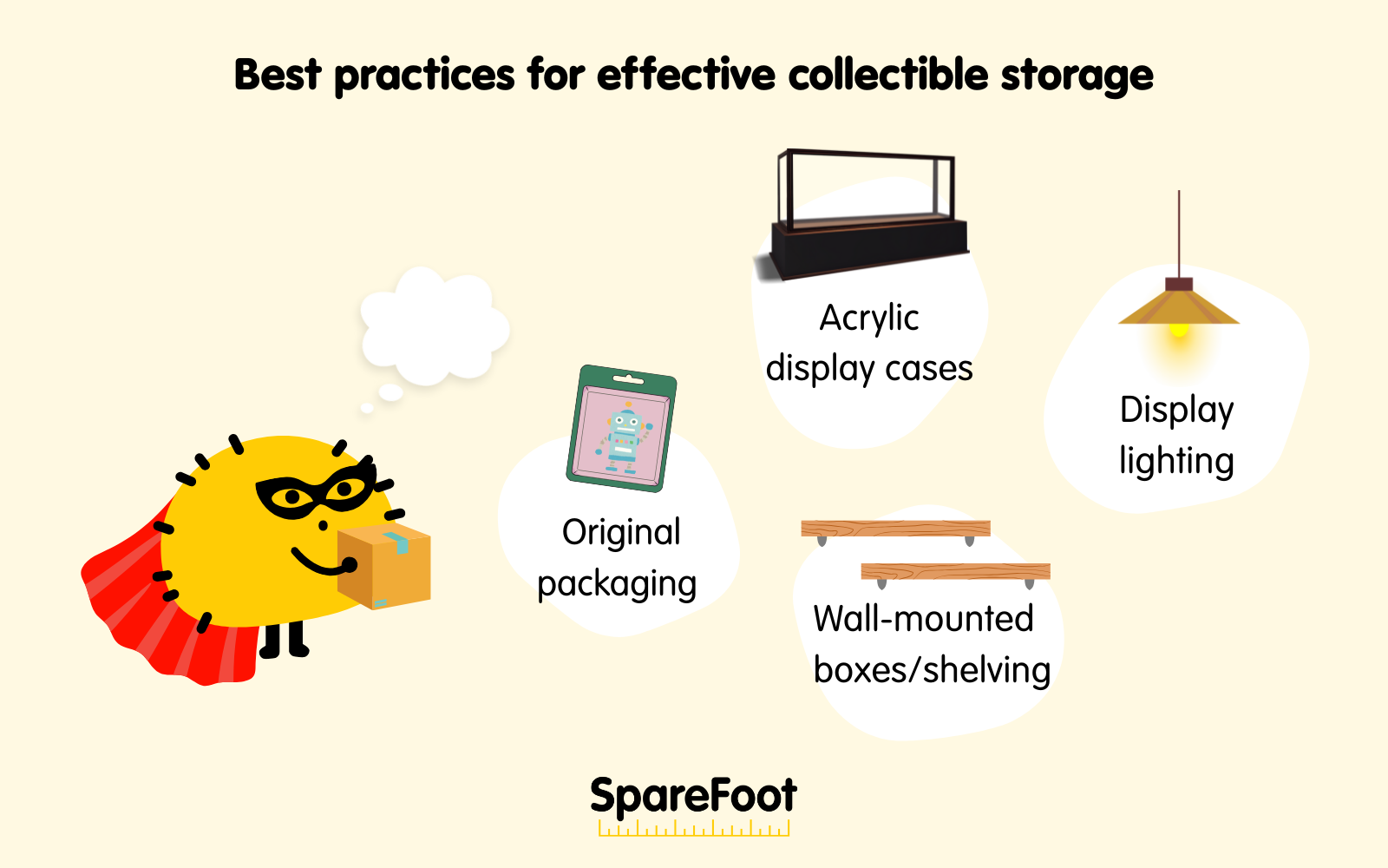 Graphics with suggestions for effective action figure storage and accompanying images of each storage option