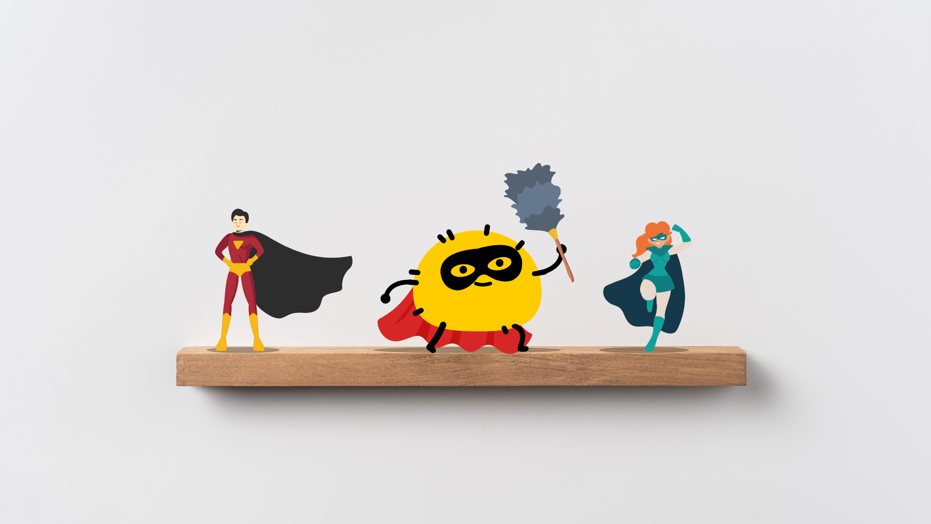 graphics of 3 superhero action figures displayed on a wooden shelf