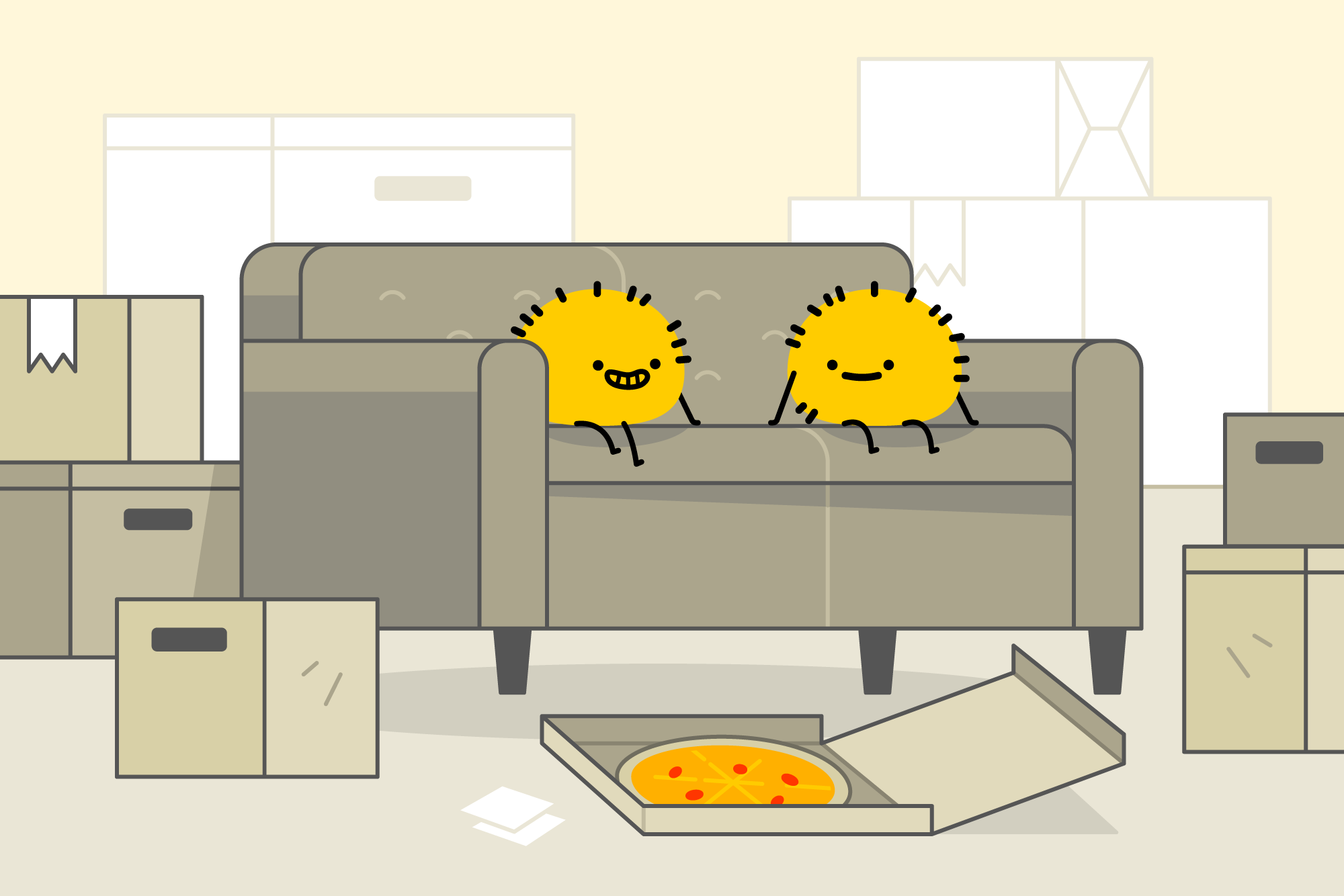 two cartoon characters sitting on a couch in a shared living room