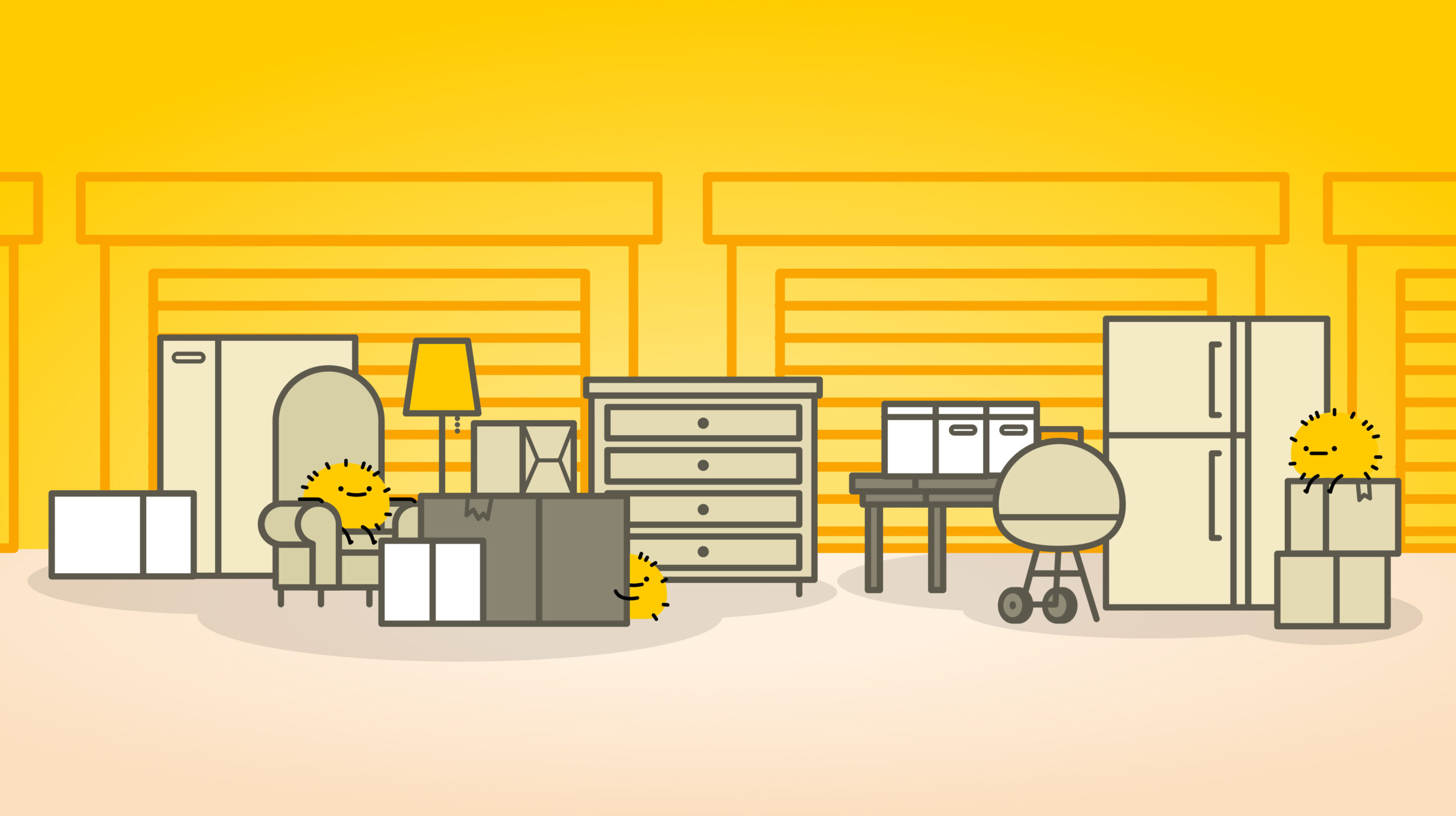 cartoon characters around items in front of storage units