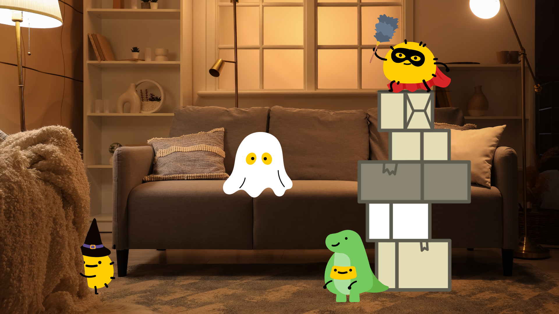 cartoon characters in costumes in a dark room