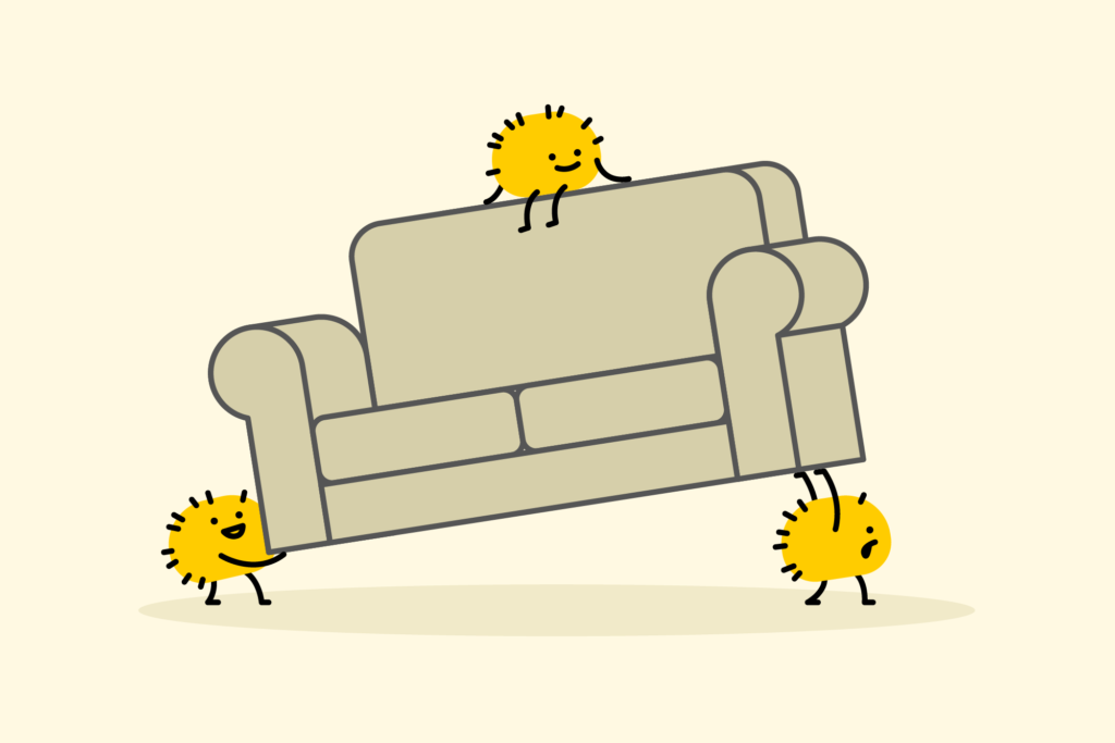 cartoon characters moving a couch