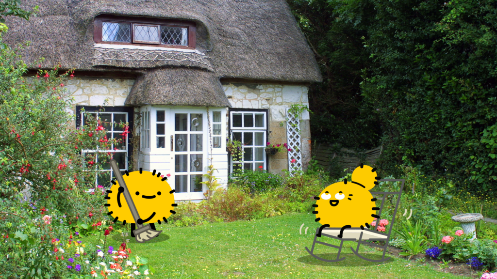 An illustration of a cozy thatched-roof cottage with two cute yellow cartoon characters in the yard—one sweeping and one sitting in a rocking chair—representing a comfortable home setup when preparing for an elderly parent moving in.