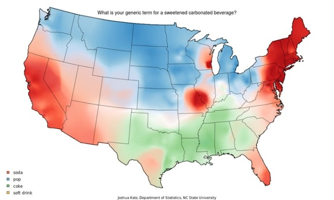 heatmap showing regions that say soda, pop, coke, and soft drink