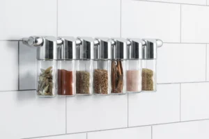 Modern Wall-Mounted Spice Rack with Chrome Lids